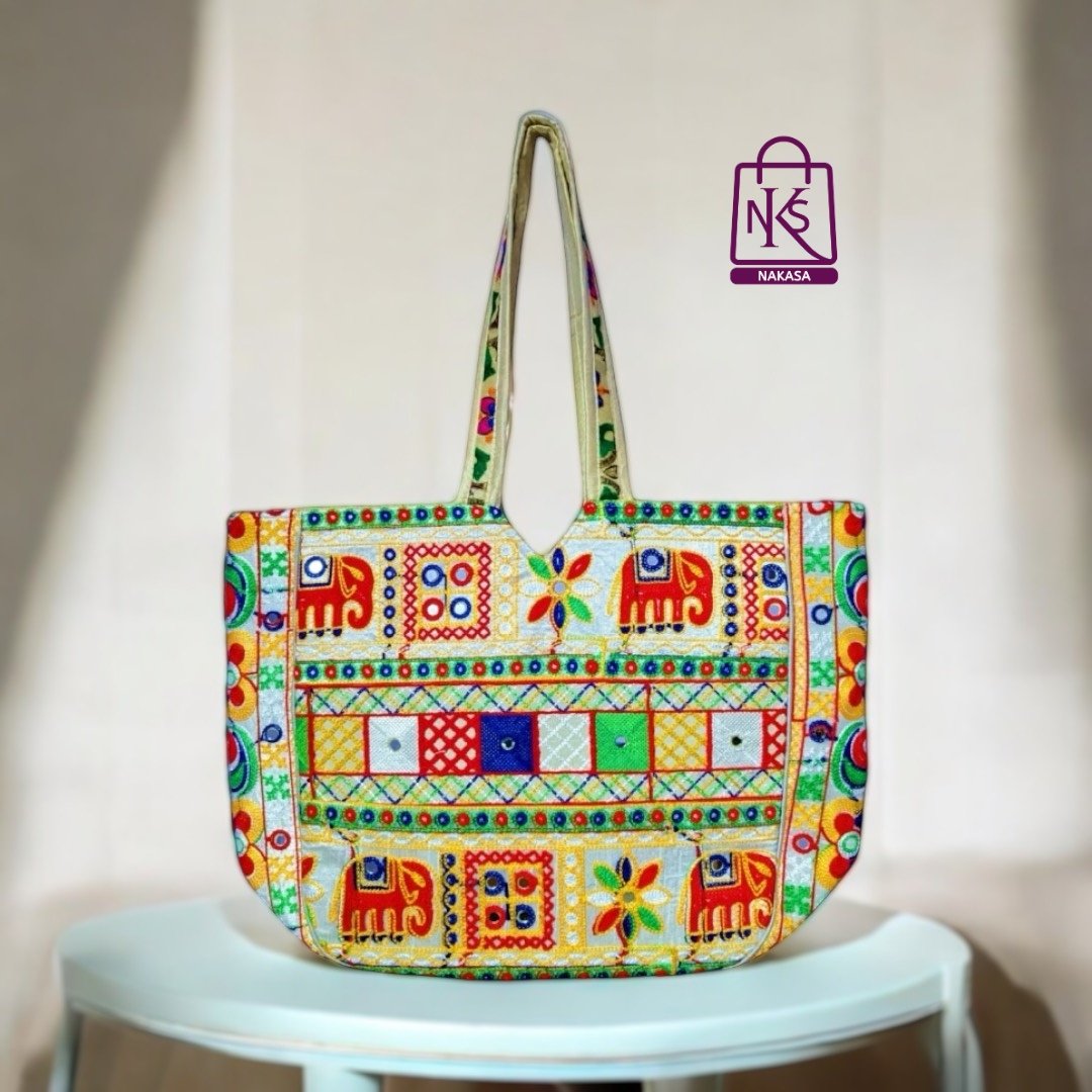 NAKASA Women's Gujarati Handmade Embroidery Large White Tote Bag