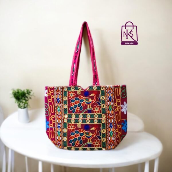 NAKASA Women's Rajasthani Handmade Peacock Embroidery Regular Red Tote Bag