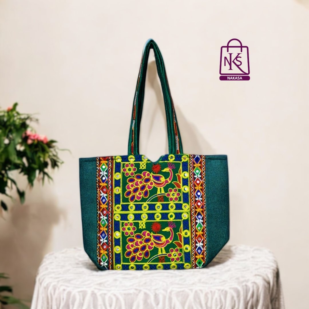 NAKASA Women's Jaipuri Handmade Peacock Embroidery Regular Green Jute Tote Bag