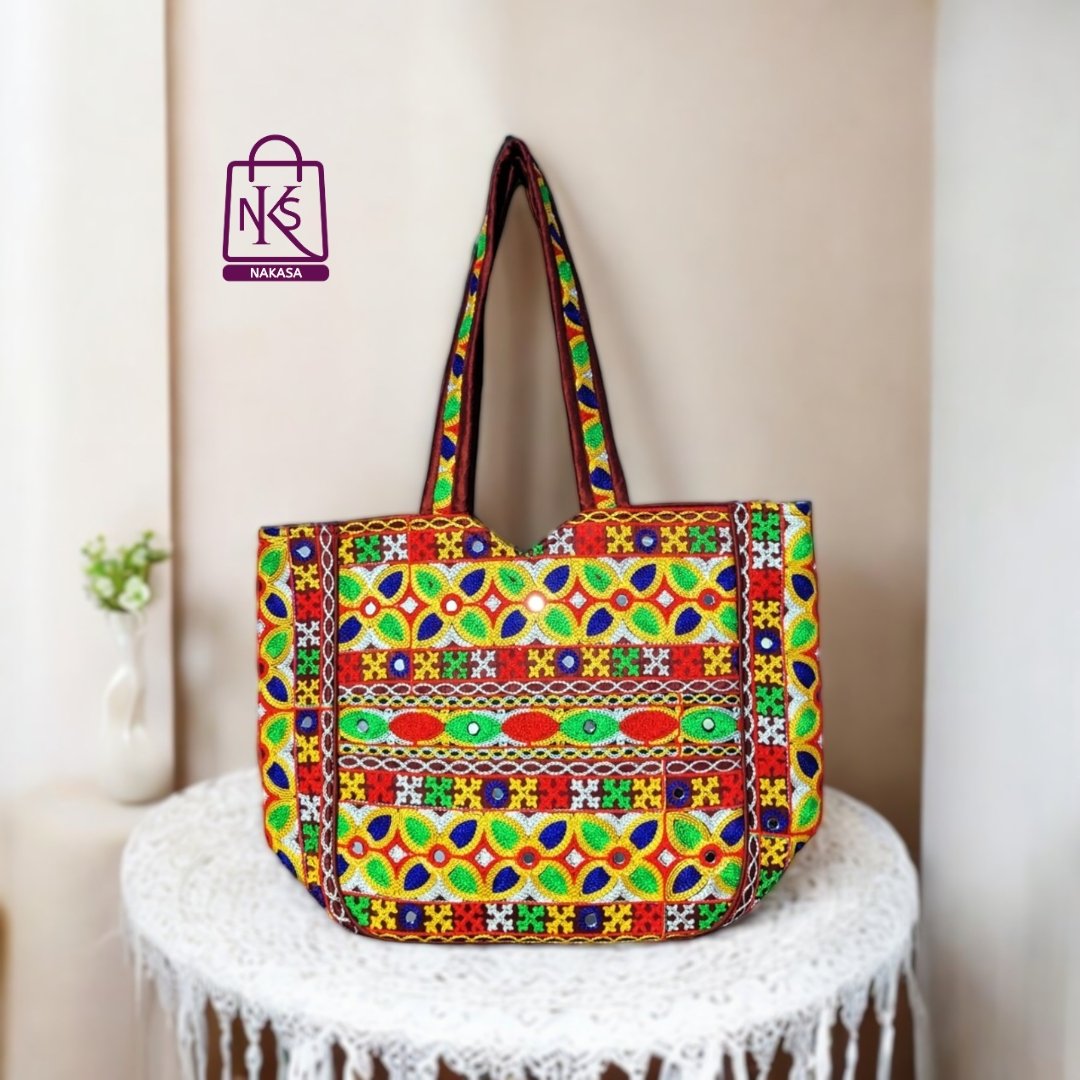 NAKASA Women's Gujarati Handmade Flower Embroidery Regular Maroon Tote Bag