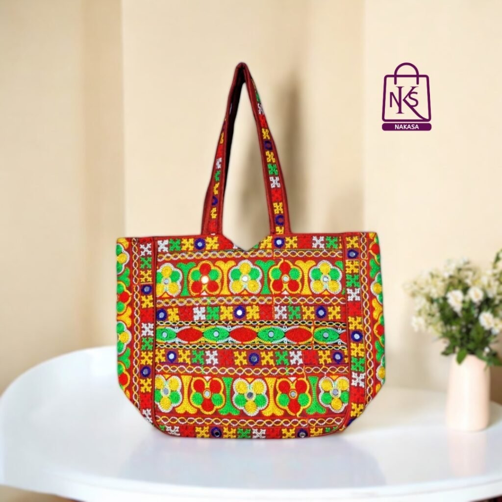 NAKASA Women's Gujarati Handmade Flower Embroidery Regular Red Tote Bag