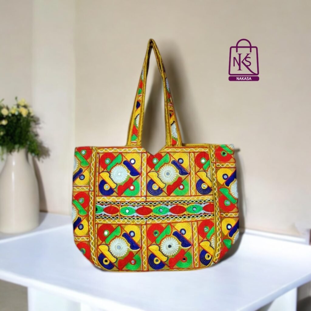 NAKASA Women's Gujarati Handmade Flower Embroidery Regular Yellow Tote Bag