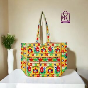 NAKASA Women's Gujarati Handmade Flower Embroidery Regular Off White Tote Bag