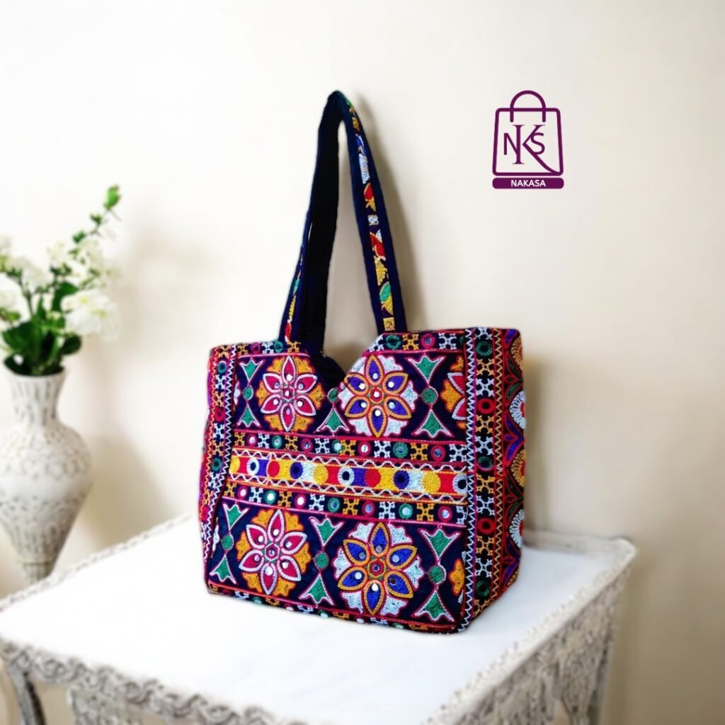 NAKASA Women's Gujarati Handmade Mirror Work and Flower Embroidery Regular Black Tote Bag