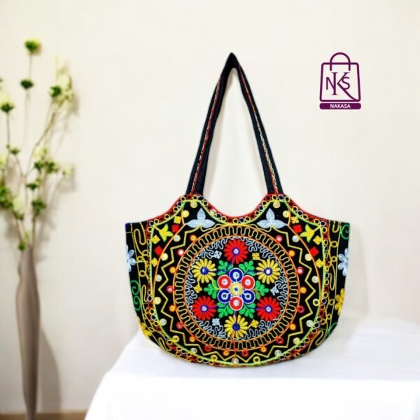 NAKASA Women's Gujarati Handmade Flower Embroidery Large Black Tote Bag