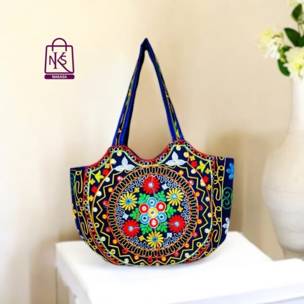 NAKASA Women's Gujarati Handmade Flower Embroidery Large Blue Tote Bag