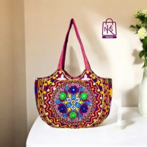 NAKASA Women's Gujarati Handmade Flower Embroidery Large Pink Tote Bag