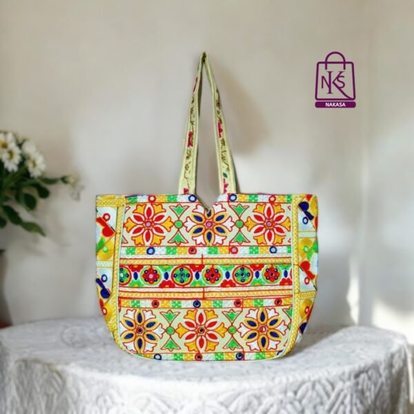 NAKASA Women's Gujarati Handmade Flower Embroidery Large White Tote Bag