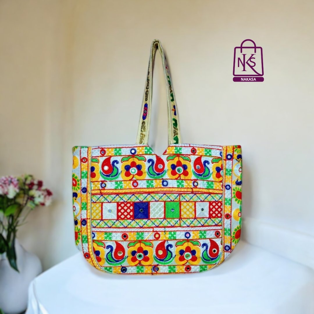 NAKASA Women's Gujarati Handmade Embroidery Large White Tote Bag