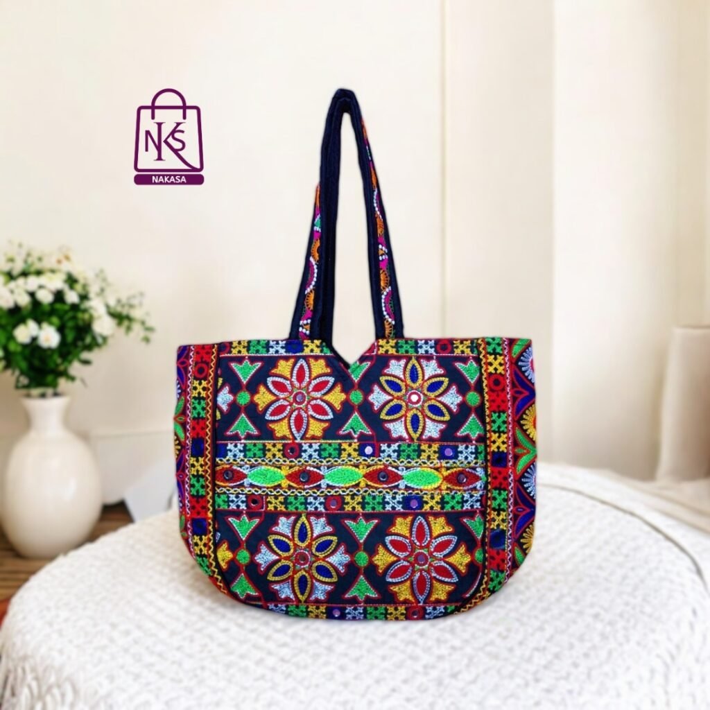 NAKASA Women's Jaipuri Handmade Mirror Work and Flower Embroidery Regular Black Tote Bag