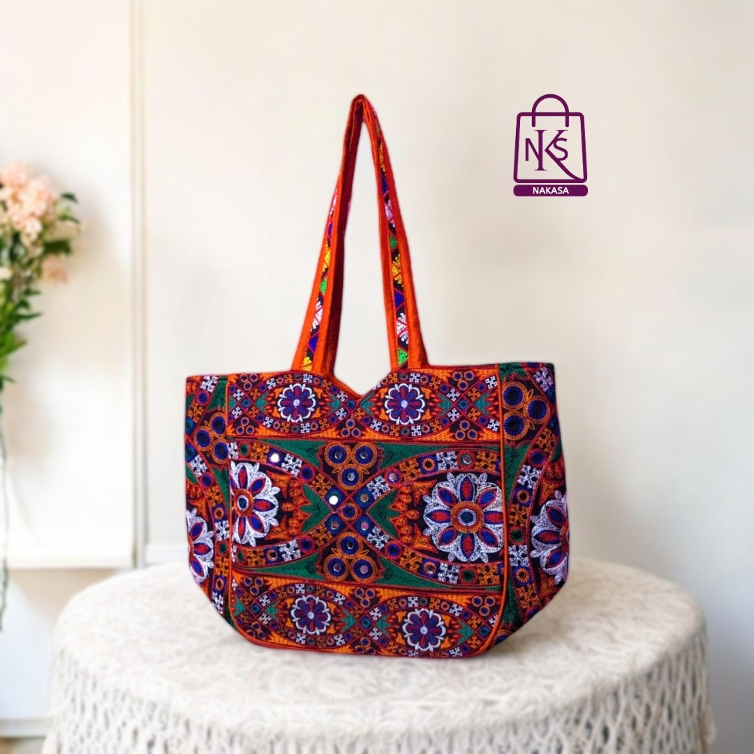 NAKASA Women's Jaipuri Handmade Mirror Work and Flower Embroidery Regular Orange Tote Bag