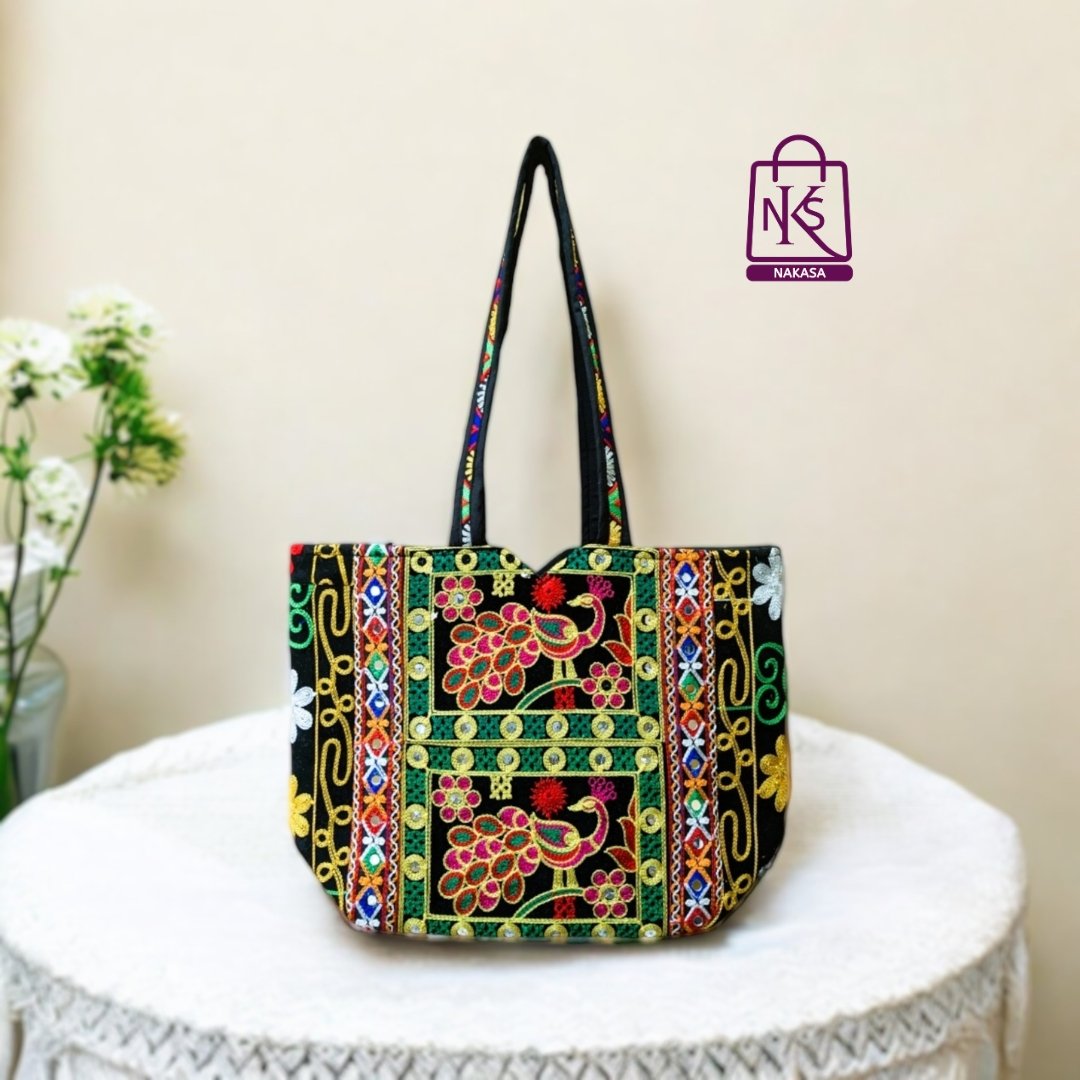 NAKASA Women's Rajasthani Handmade Peacock Embroidery Regular Black Tote Bag