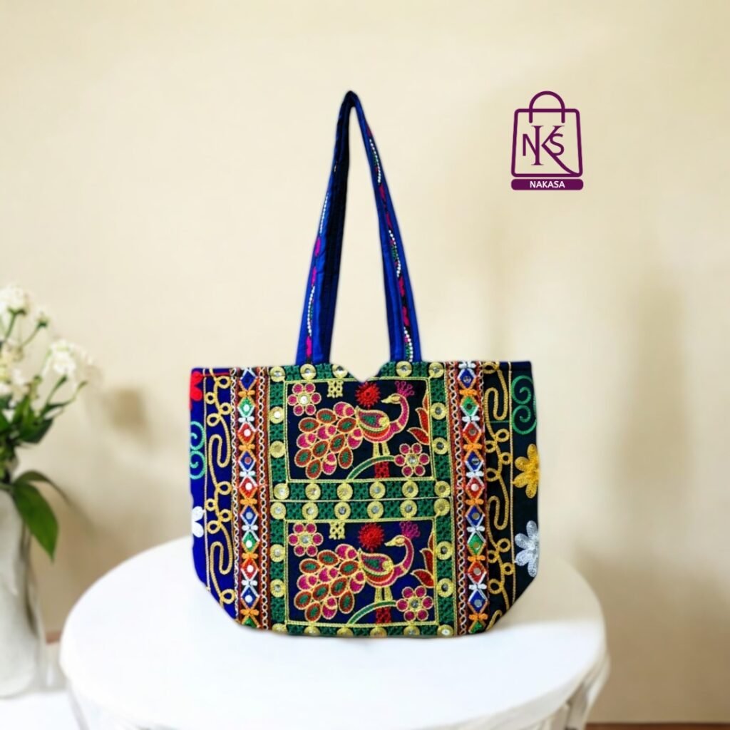 NAKASA Women's Rajasthani Handmade Peacock Embroidery Regular Blue Tote Bag