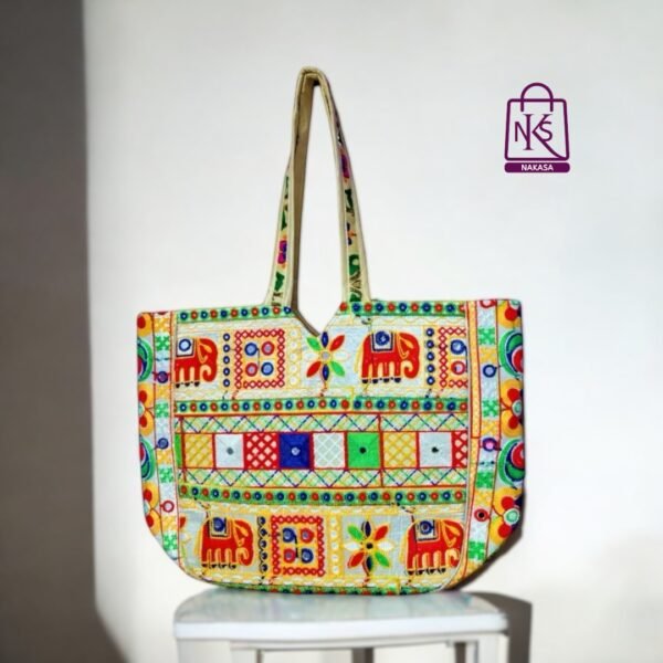 NAKASA Women's Gujarati Handmade Embroidery Large White Tote Bag