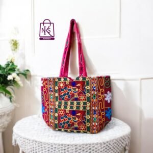 NAKASA Women's Rajasthani Handmade Peacock Embroidery Regular Red Tote Bag