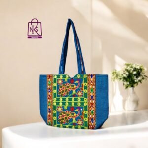 NAKASA Women's Jaipuri Handmade Peacock Embroidery Regular Blue Jute Tote Bag