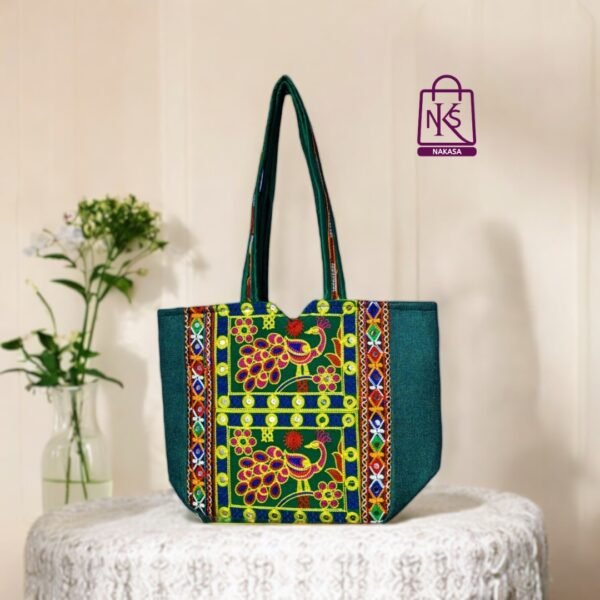 NAKASA Women's Jaipuri Handmade Peacock Embroidery Regular Green Jute Tote Bag