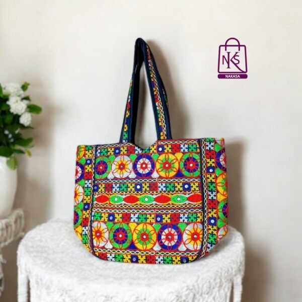 NAKASA Women's Gujarati Handmade Flower Embroidery Regular Blue Tote Bag