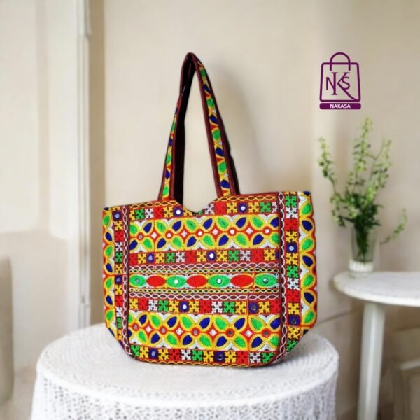 NAKASA Women's Gujarati Handmade Flower Embroidery Regular Maroon Tote Bag