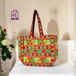 NAKASA Women's Gujarati Handmade Flower Embroidery Regular Red Tote Bag