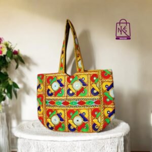 NAKASA Women's Gujarati Handmade Flower Embroidery Regular Yellow Tote Bag