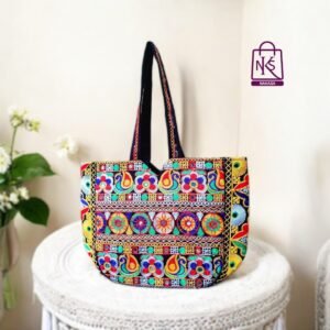 NAKASA Women's Ahmedabadi Handmade Mirror Work and Flower Embroidery Large Black Tote Bag