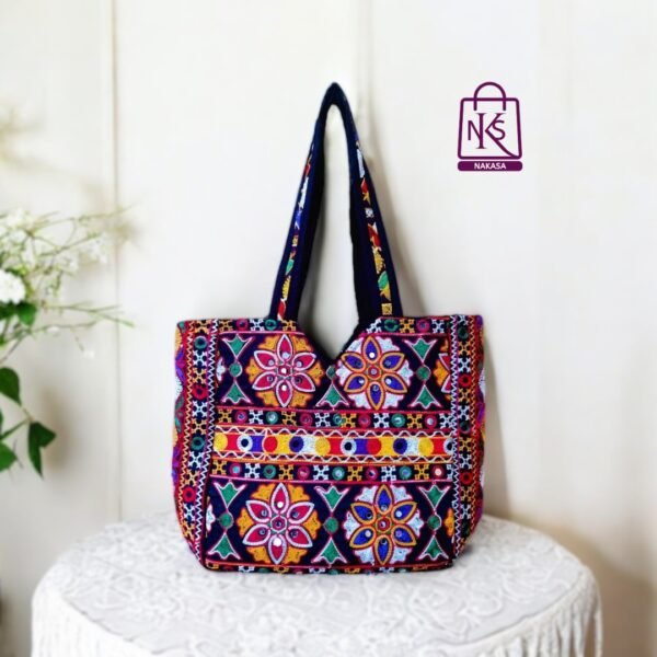 NAKASA Women's Gujarati Handmade Mirror Work and Flower Embroidery Regular Black Tote Bag