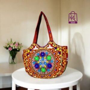 NAKASA Women's Gujarati Handmade Flower Embroidery Large Red Tote Bag