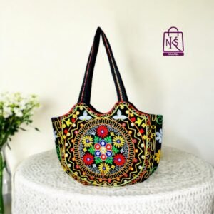 NAKASA Women's Gujarati Handmade Flower Embroidery Large Black Tote Bag