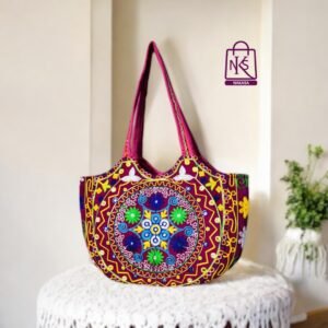 NAKASA Women's Gujarati Handmade Flower Embroidery Large Pink Tote Bag