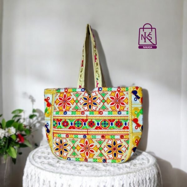 NAKASA Women's Gujarati Handmade Flower Embroidery Large White Tote Bag