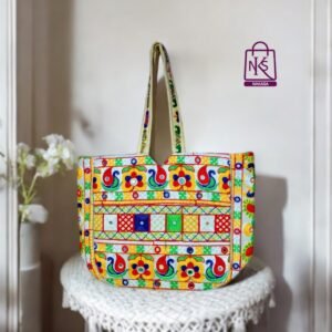 NAKASA Women's Gujarati Handmade Embroidery Large White Tote Bag