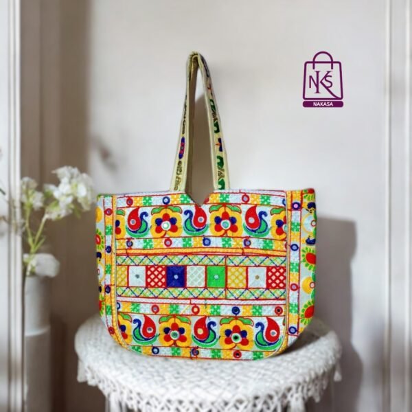 NAKASA Women's Gujarati Handmade Embroidery Large White Tote Bag