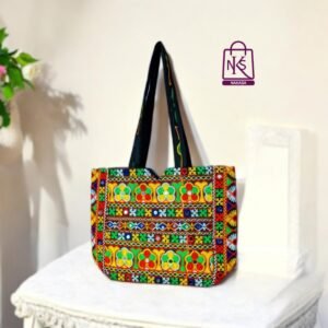 NAKASA Women's Kachchi Handmade Mirror Work Regular Black Tote Bag