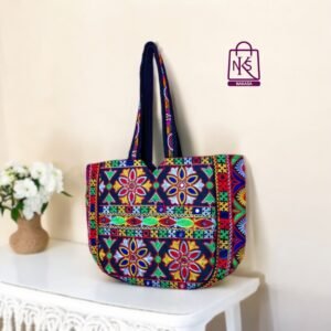 NAKASA Women's Jaipuri Handmade Mirror Work and Flower Embroidery Regular Black Tote Bag