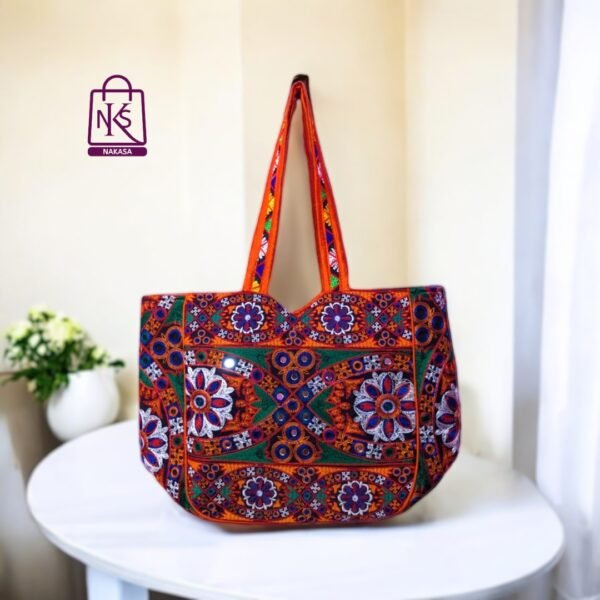 NAKASA Women's Jaipuri Handmade Mirror Work and Flower Embroidery Regular Orange Tote Bag