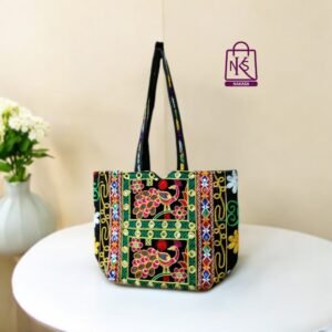 NAKASA Women's Rajasthani Handmade Peacock Embroidery Regular Black Tote Bag