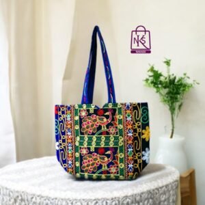 NAKASA Women's Rajasthani Handmade Peacock Embroidery Regular Blue Tote Bag