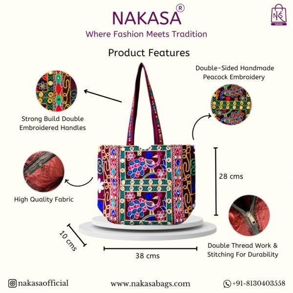 NAKASA Women's Rajasthani Handmade Peacock Embroidery Regular Maroon Tote Bag