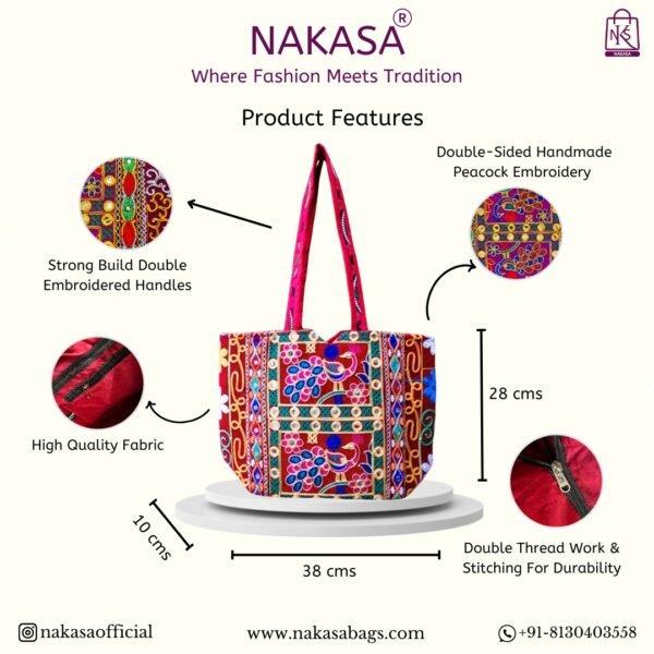 NAKASA Women's Rajasthani Handmade Peacock Embroidery Regular Pink Tote Bag