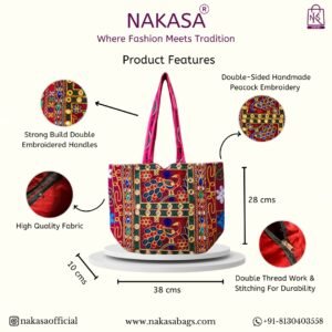 NAKASA Women's Rajasthani Handmade Peacock Embroidery Regular Red Tote Bag