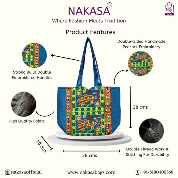 NAKASA Women's Jaipuri Handmade Peacock Embroidery Regular Blue Jute Tote Bag