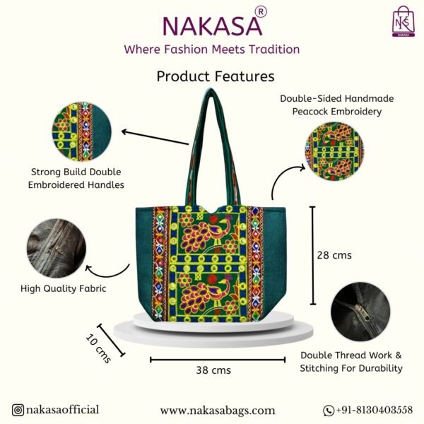 NAKASA Women's Jaipuri Handmade Peacock Embroidery Regular Green Jute Tote Bag