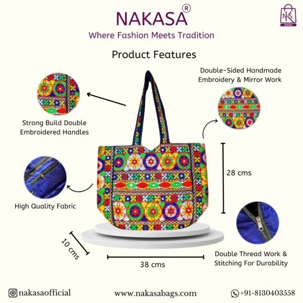 NAKASA Women's Gujarati Handmade Flower Embroidery Regular Blue Tote Bag