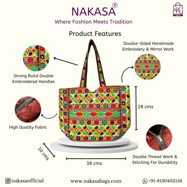 NAKASA Women's Gujarati Handmade Flower Embroidery Regular Maroon Tote Bag