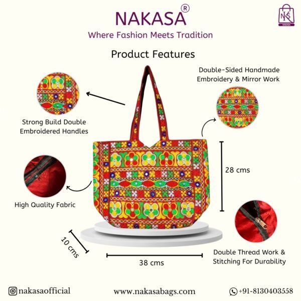 NAKASA Women's Gujarati Handmade Flower Embroidery Regular Red Tote Bag