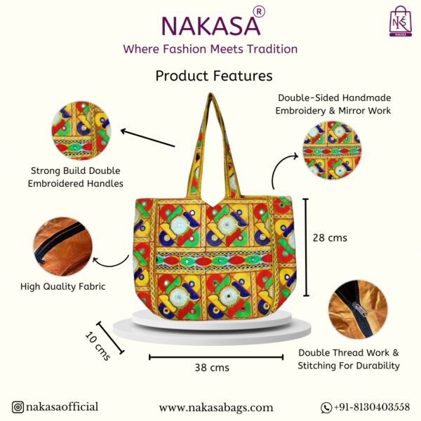 NAKASA Women's Gujarati Handmade Flower Embroidery Regular Yellow Tote Bag