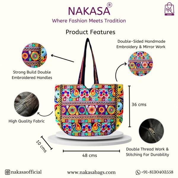 NAKASA Women's Ahmedabadi Handmade Mirror Work and Flower Embroidery Large Black Tote Bag