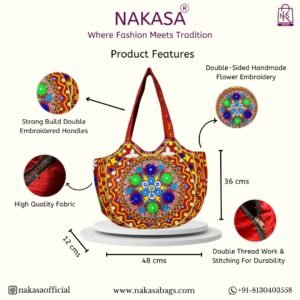 NAKASA Women's Gujarati Handmade Flower Embroidery Large Red Tote Bag