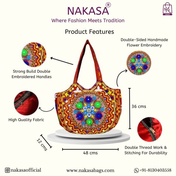 NAKASA Women's Gujarati Handmade Flower Embroidery Large Red Tote Bag